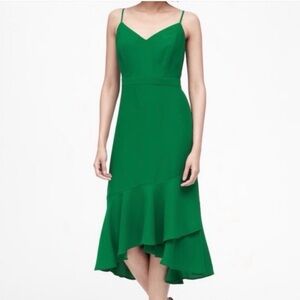 Banana Republic Kelly Green Midi Strappy V Neck Ruffle High Low Hem Dress